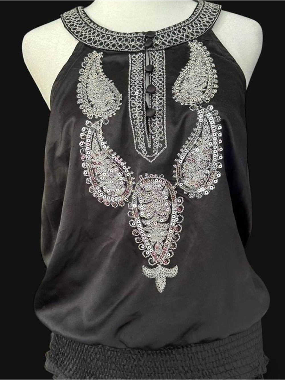 Marineblu Black Halter Top with Silver Sequin Embellishment
